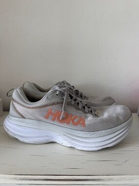 Hoka Bondi 8 Running Shoes Harbor Mist Lunar Rock Gray Peach Womens 10.5B